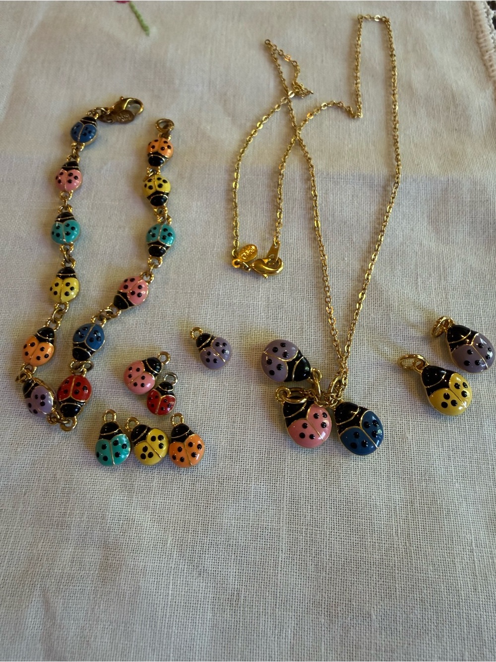 Joan Rivers Lady Bug Set Necklace & Bracelet with X Charms Multicolor Gold
